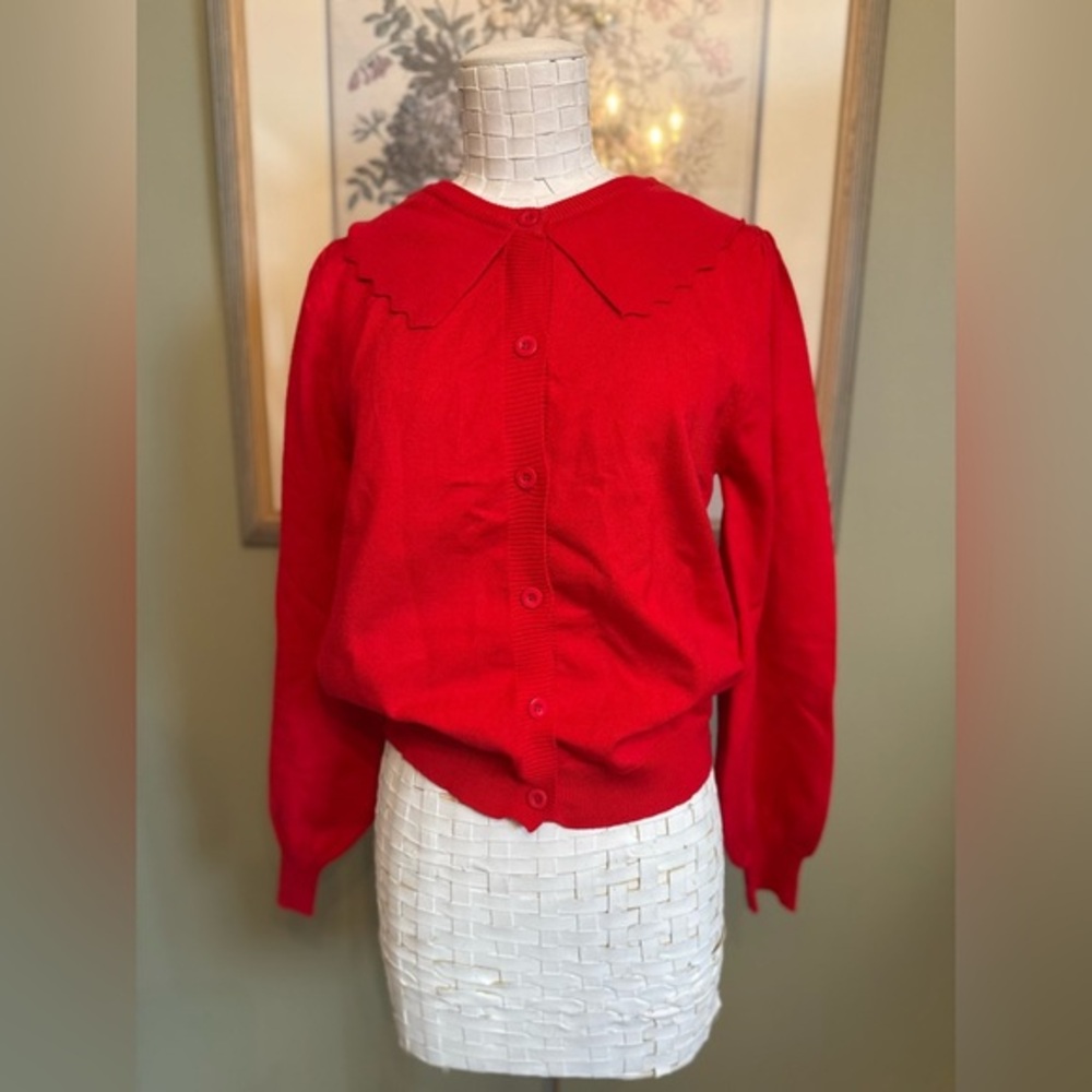 Long sleeve Red Scollop Peter Pan Neck Button Down Sweater